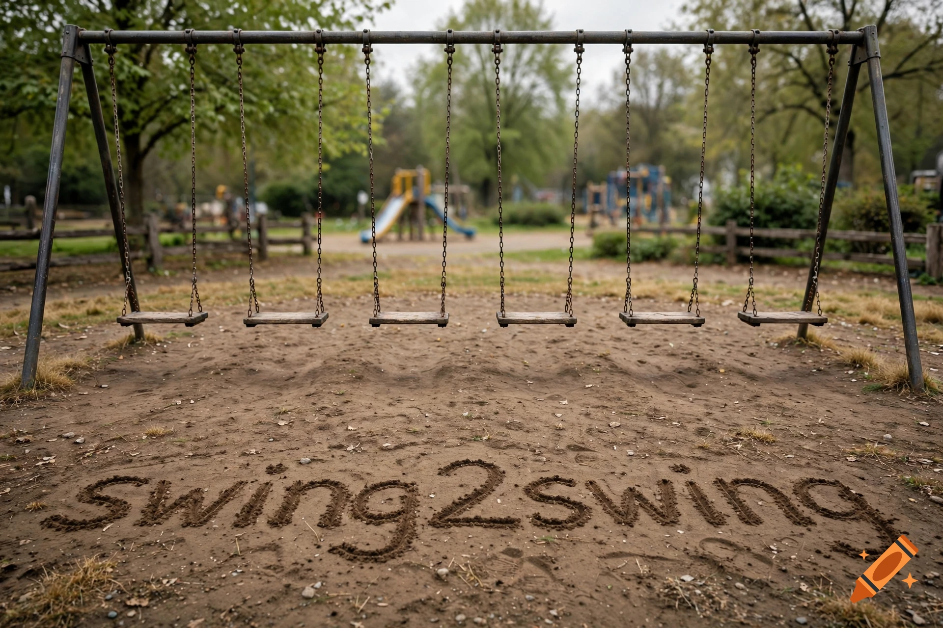 Photorealistic image of a metal swing set on a dirt playground with the text 'Swing2swing' written in the sand.
