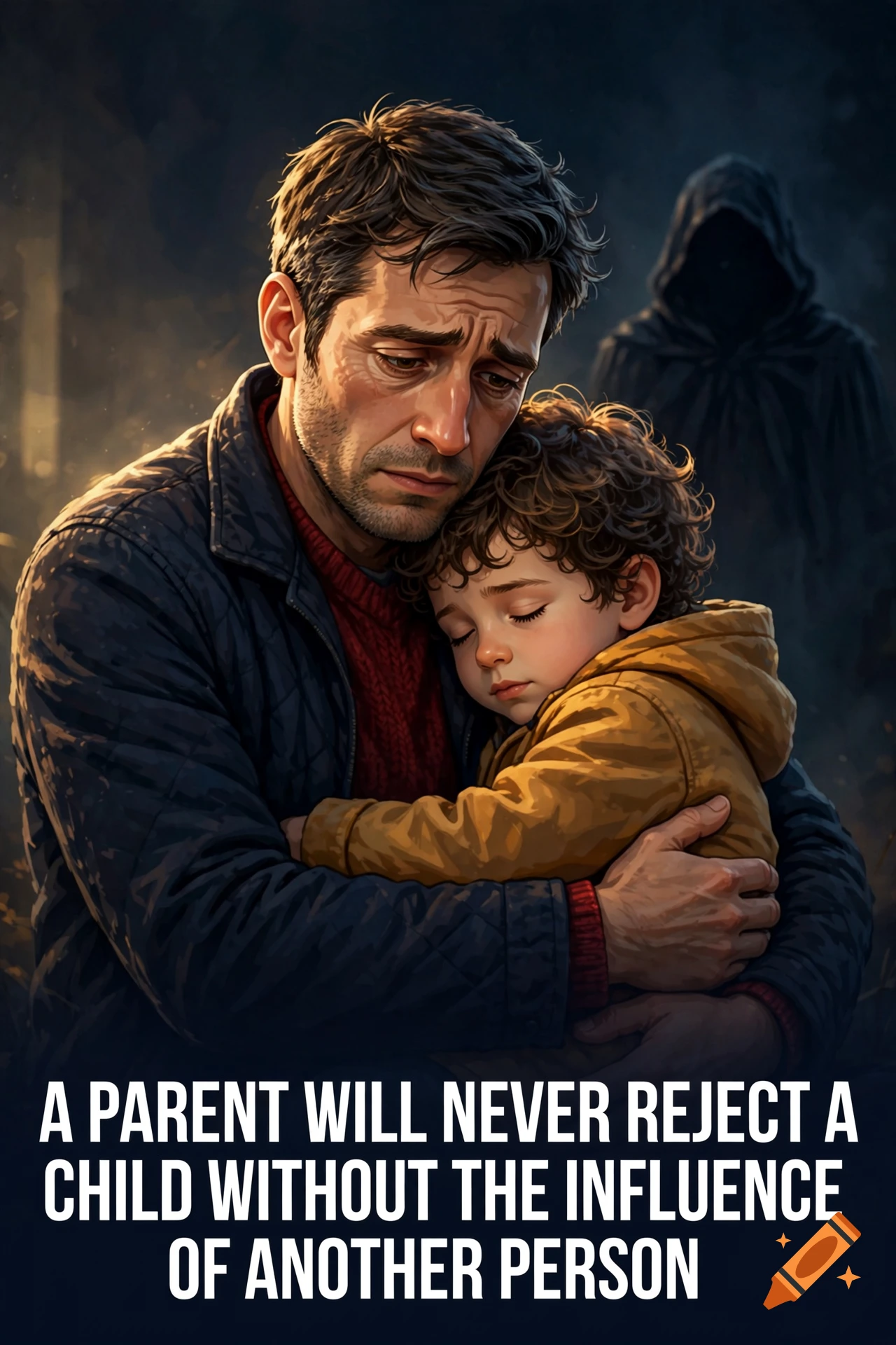 An emotional illustration of a man hugging a sleeping child while a dark hooded figure stands in the background, with caption text below.
