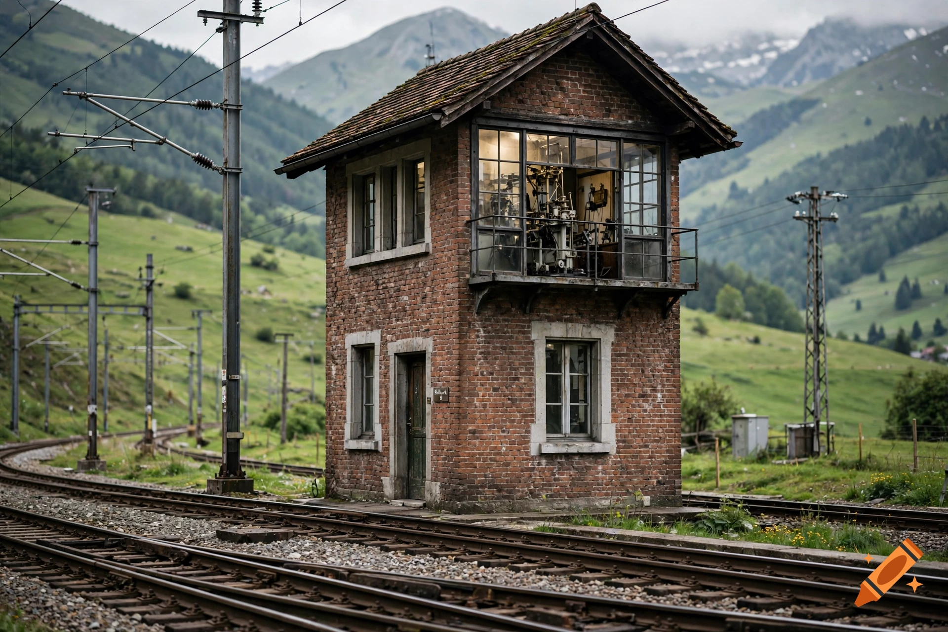 Photorealistic image of a traditional Swiss brick railway switch tower in a mountainous alpine valley next to train tracks.