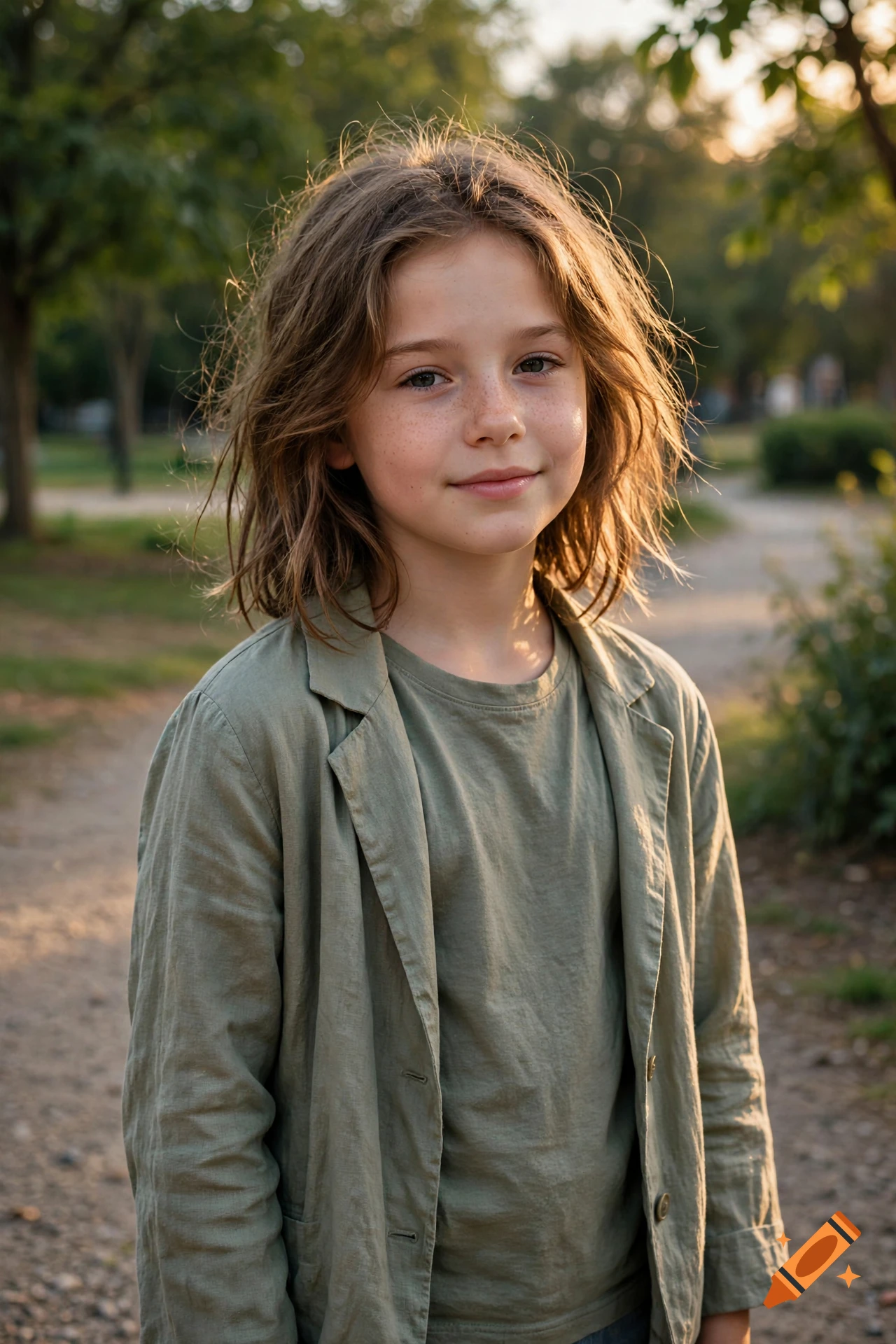 Photorealistic portrait of a young child with shoulder-length wavy hair and freckles, wearing a green jacket outdoors at sunset.