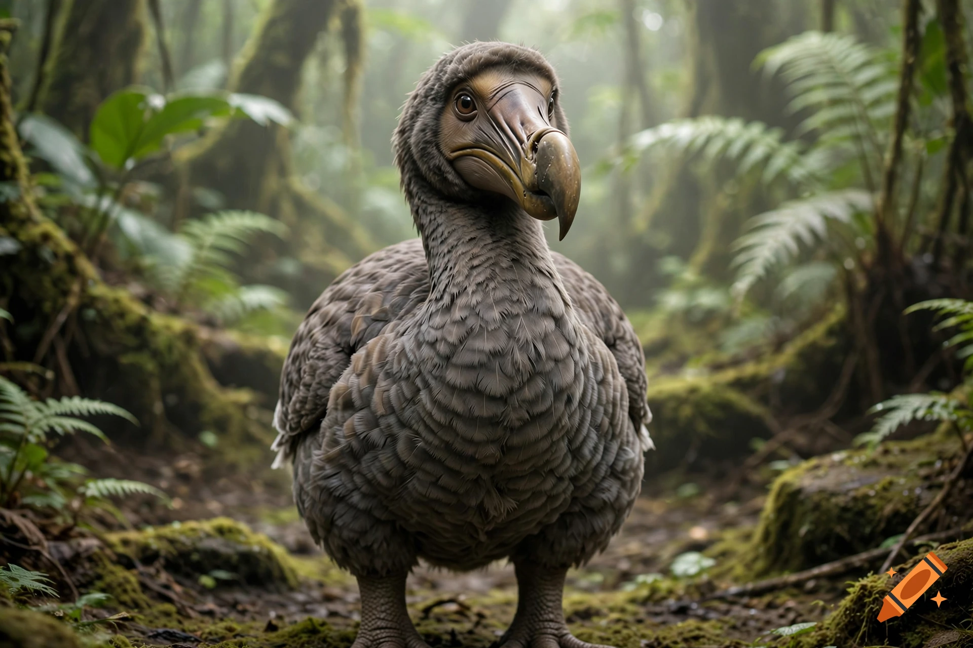 Photorealistic dodo bird standing in a misty, lush green forest with moss and ferns.