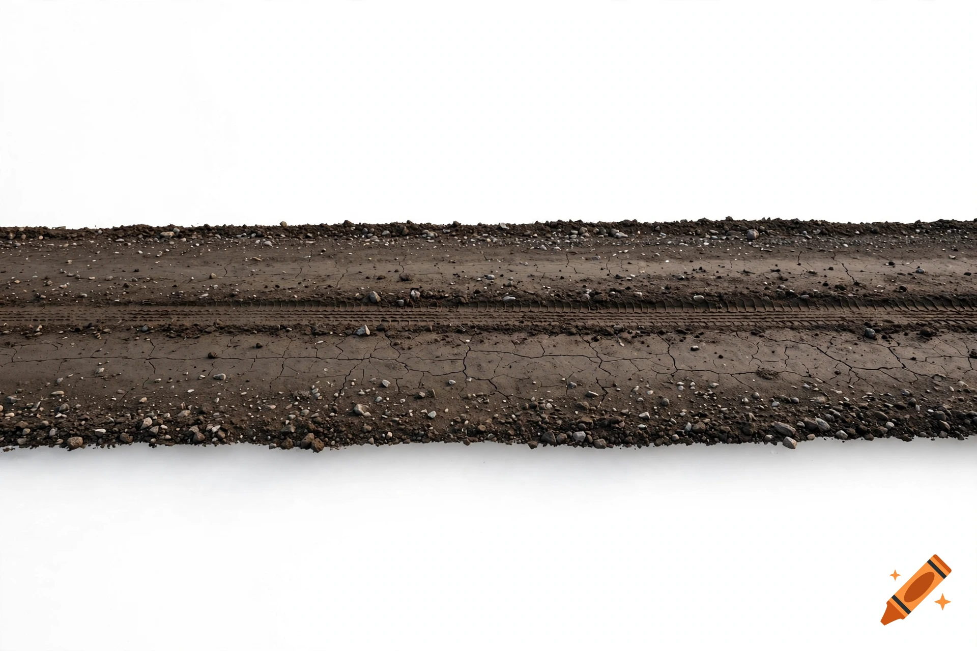 Horizontal segment of a dark dirt road with tire tracks and small rocks, isolated on white background.