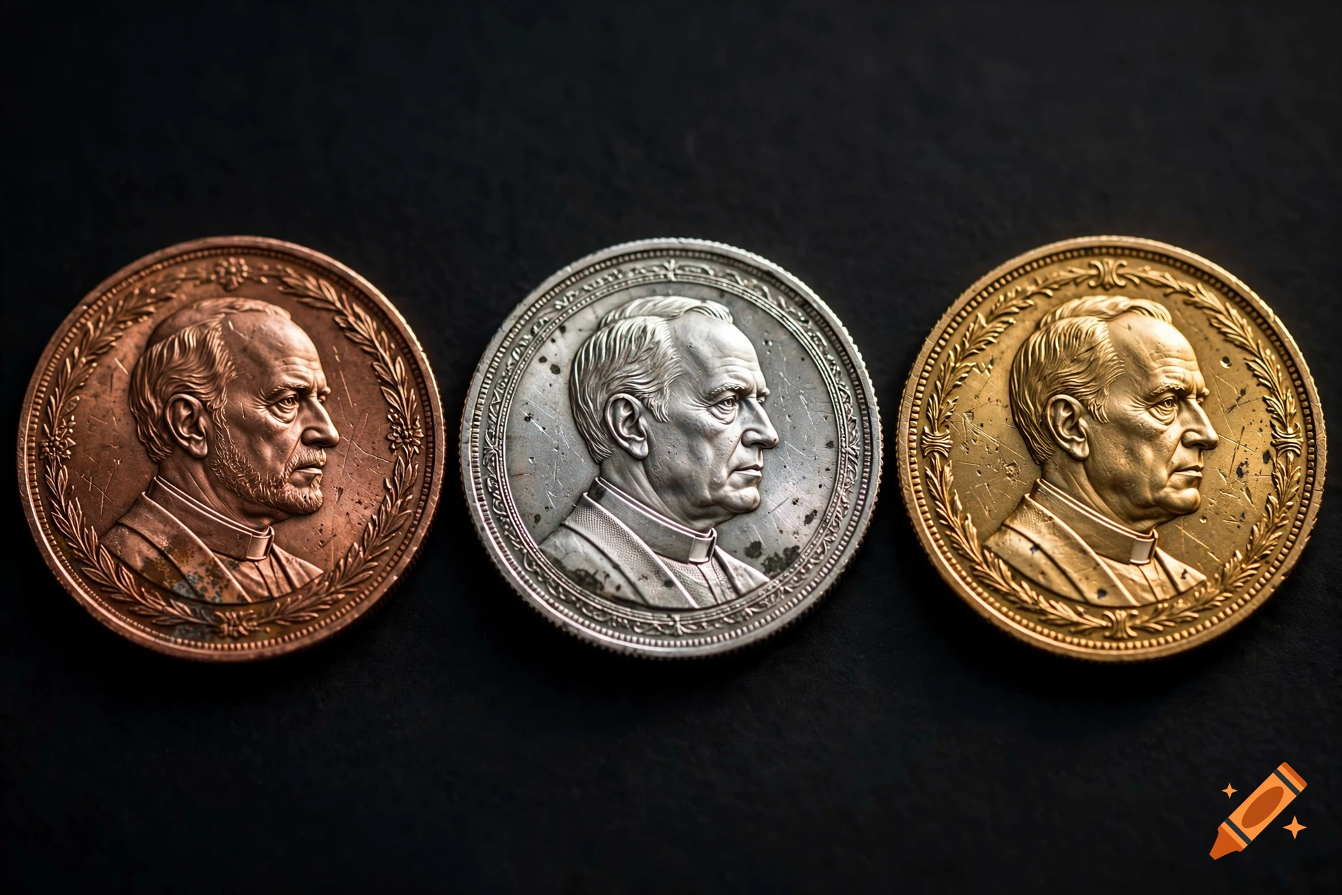 Three detailed coins in copper, silver, and gold, each featuring a profile of a priest's head on a black background.