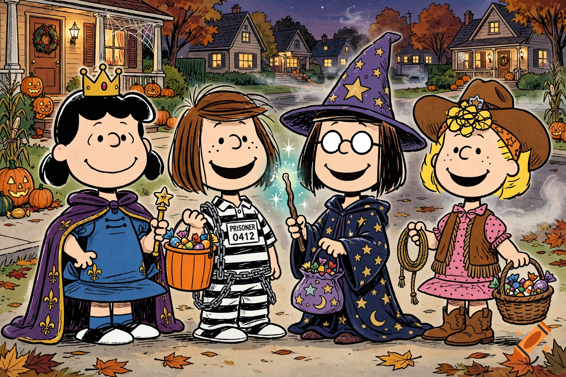 Peanuts characters Lucy, Peppermint Patty, Marcie, and Sally trick-or-treating in costumes at night in a cartoon style.