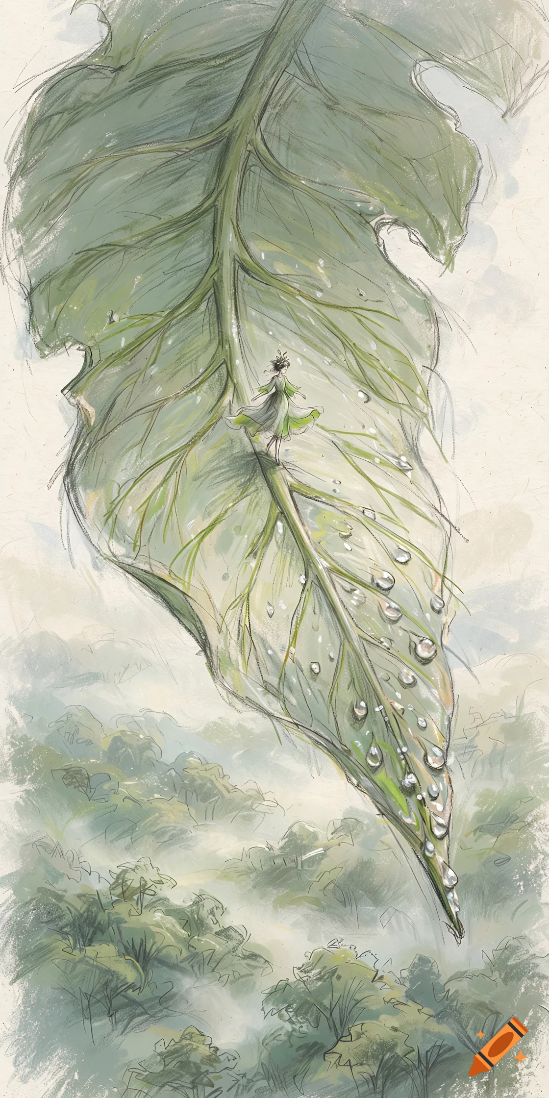 Sketch-style pastel drawing of a tiny fairy in a green dress walking on the spine of a giant leaf over a forest.