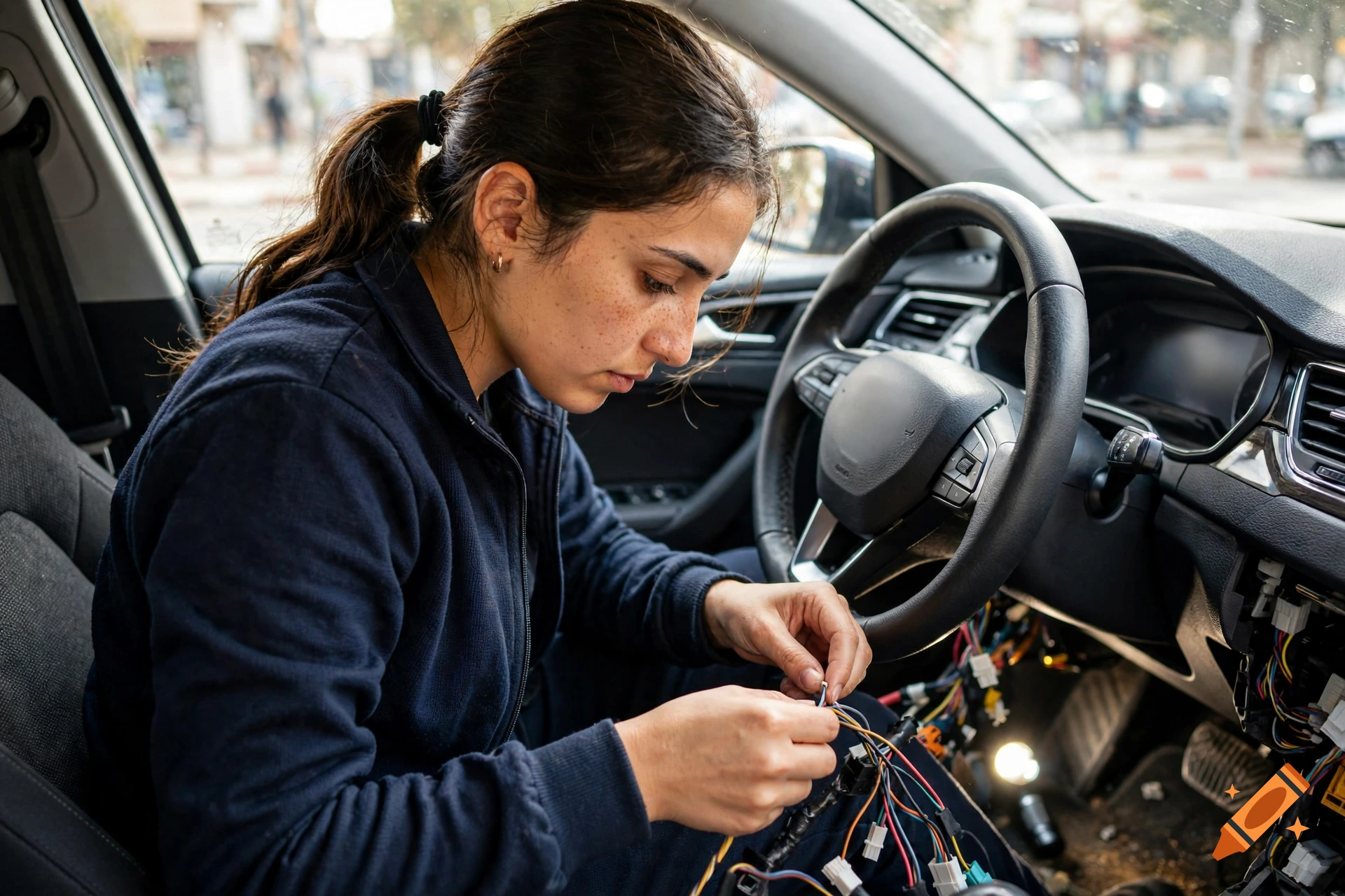 Photorealistic image of a young woman with a low ponytail sitting inside a car, working on electrical wires under the steering wheel.