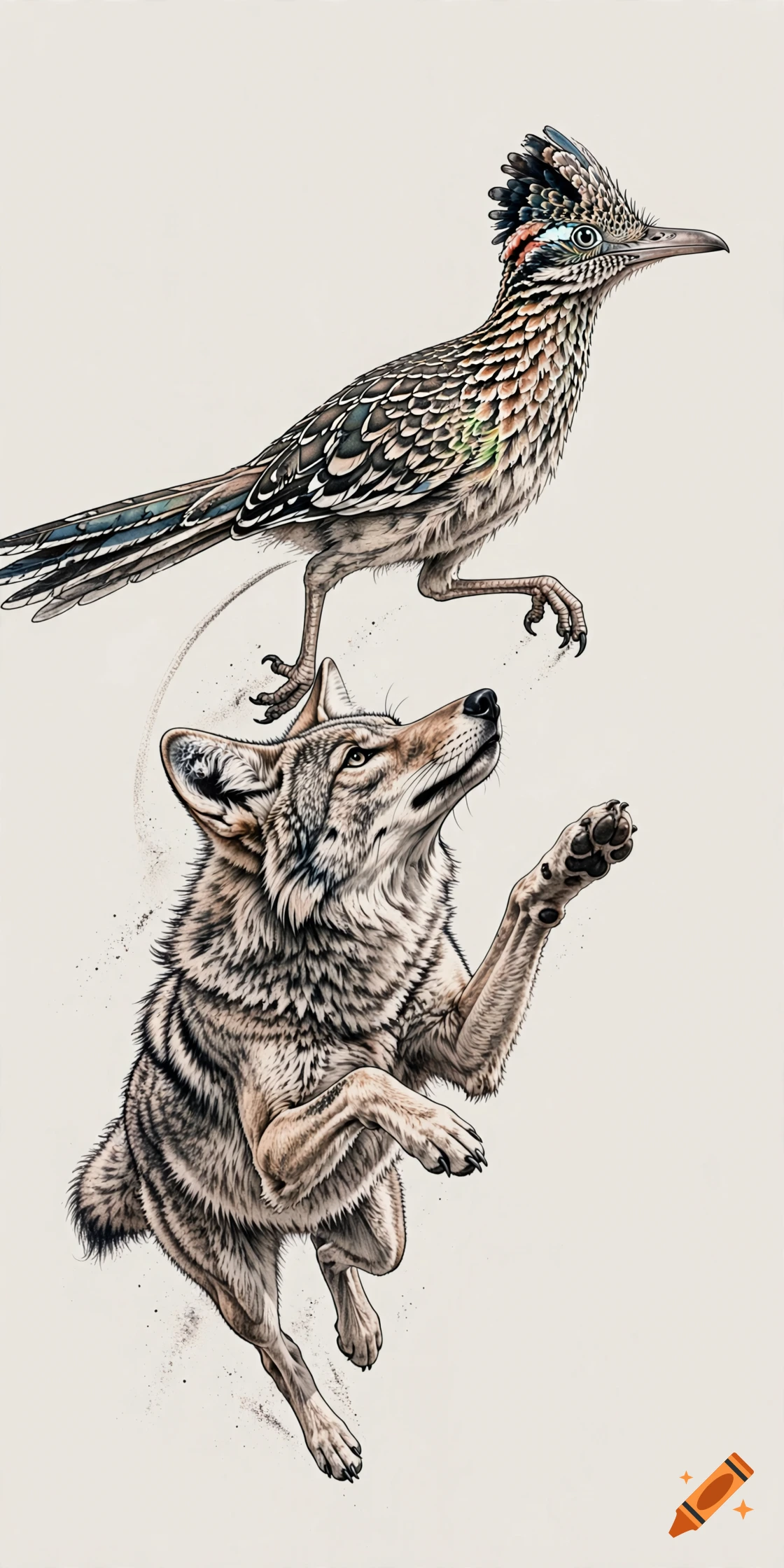 Detailed ink illustration of a coyote jumping up towards a roadrunner against a light background.