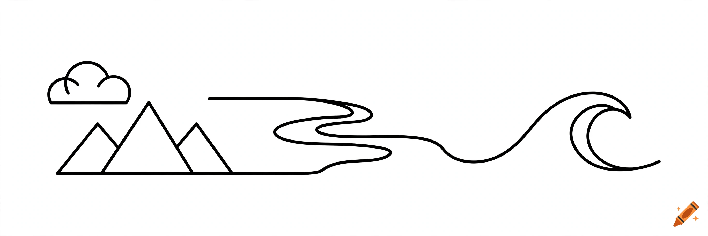 Minimalist black and white vector line art depicting mountains, a cloud, a winding river, and a surfing wave.