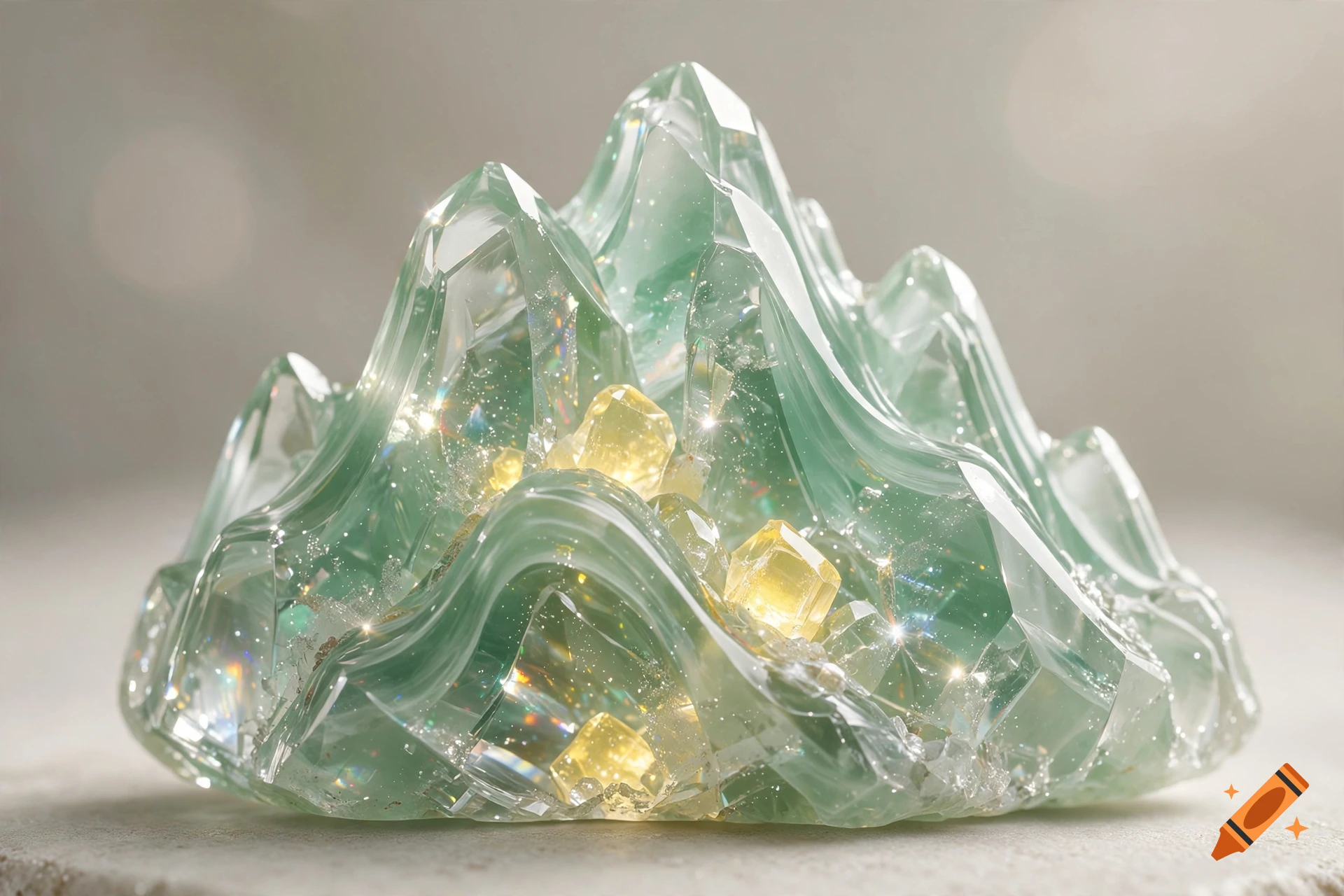 Close-up of a translucent green glass mountain formation with glowing yellow crystals inside, sparkling with light reflections.