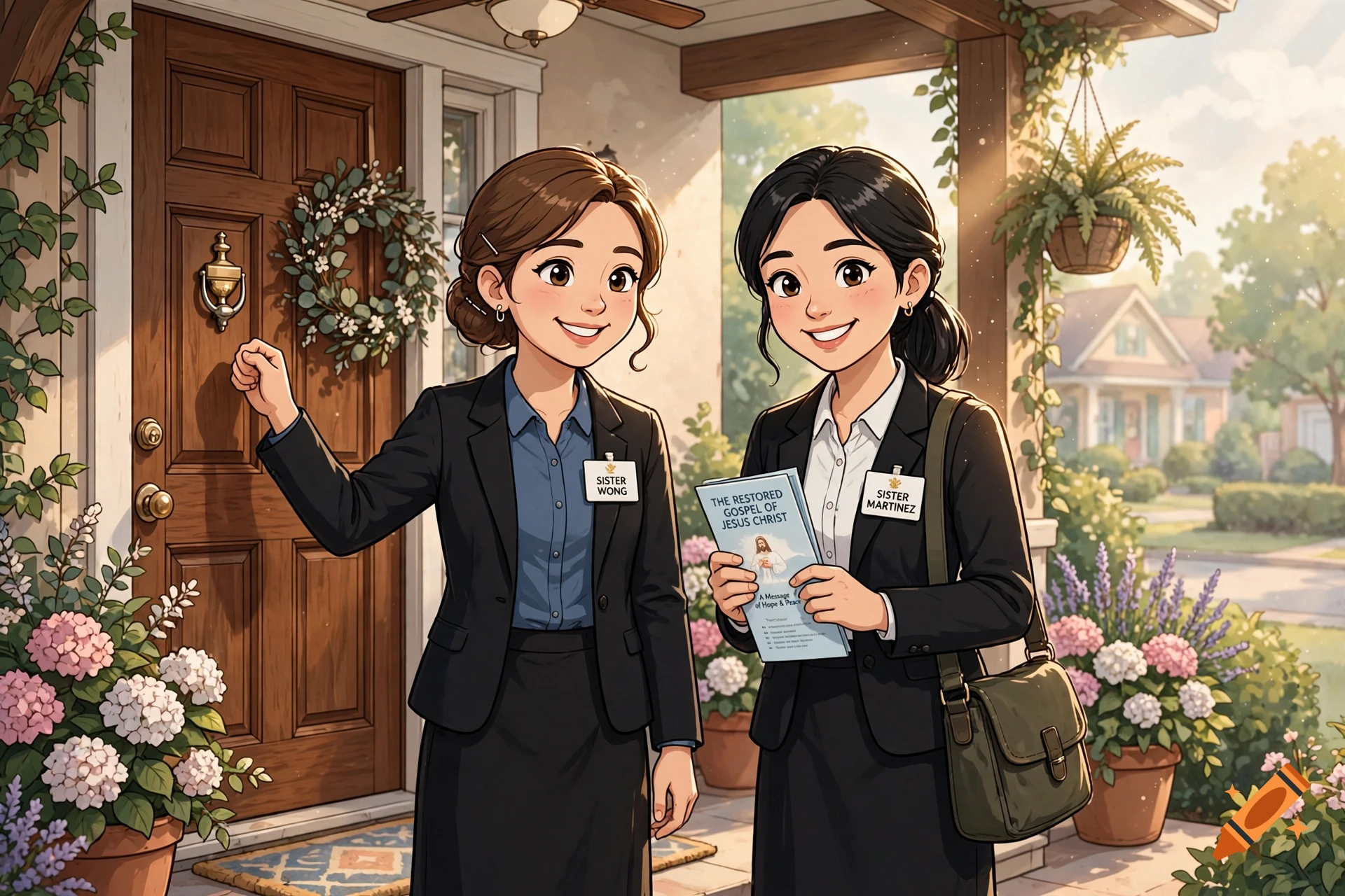 Cartoon illustration of two female missionaries in suits standing outside a house porch.