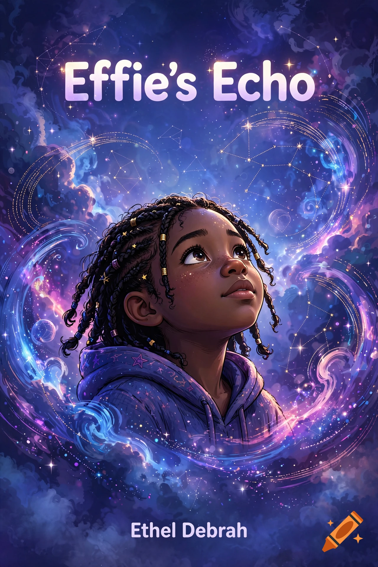 Children's book cover illustration of a thoughtful Black girl looking up at a starry cosmic night sky with glowing purple tones.