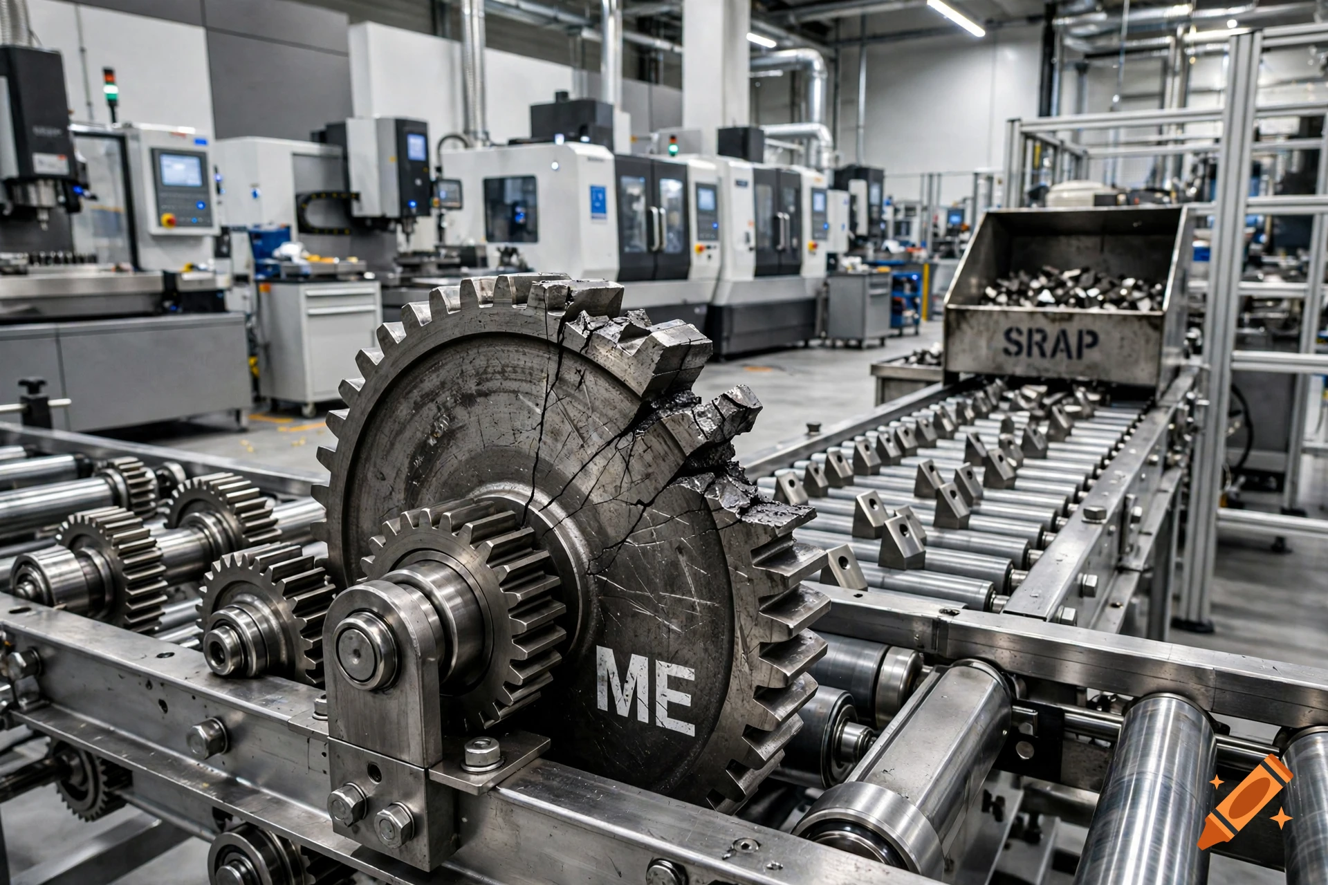 Photorealistic industrial interior of a bright factory hall focusing on a damaged metal gear on a conveyor belt.