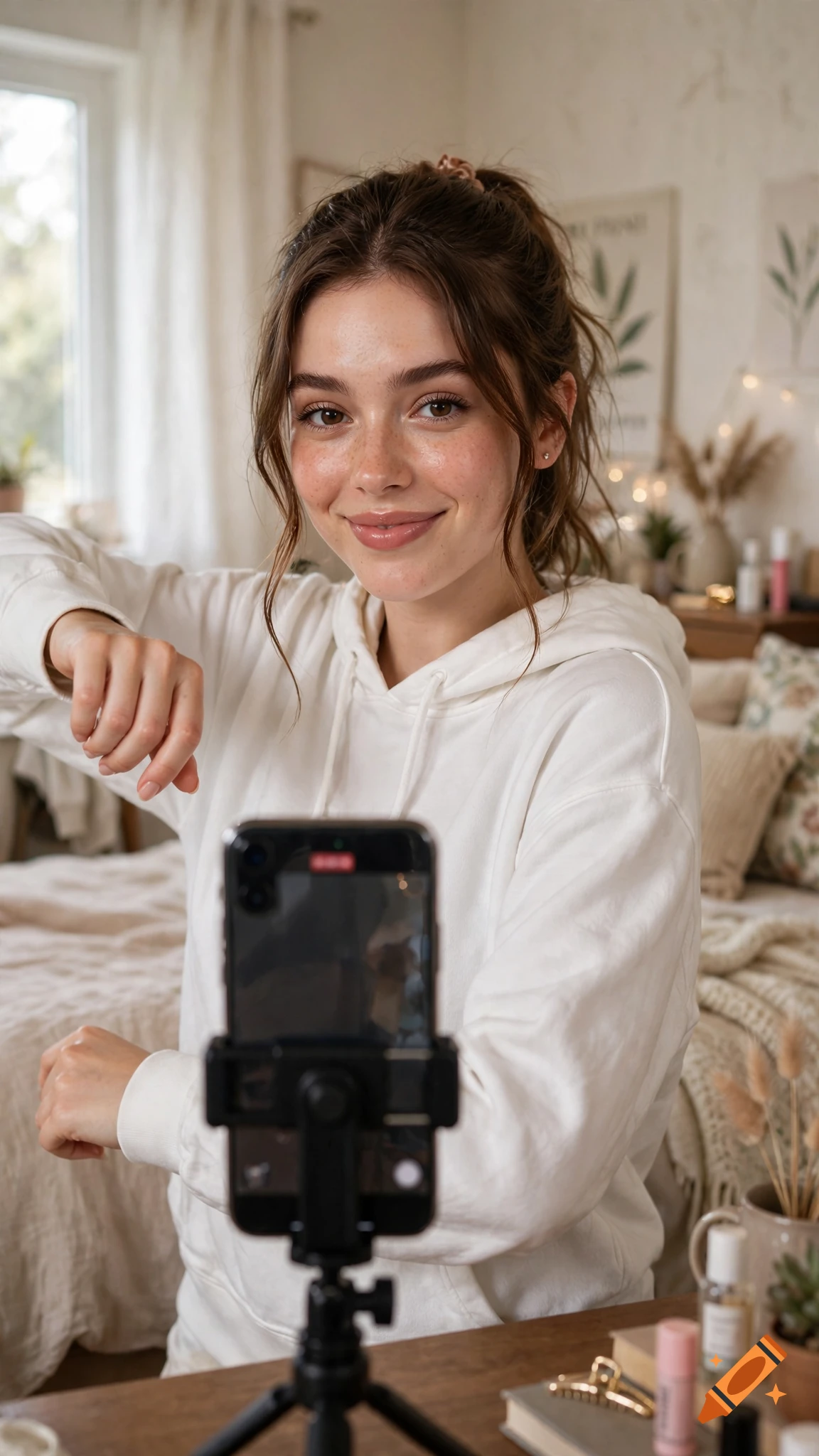 Photorealistic vertical shot of a smiling young woman in a white hoodie setting up a smartphone on a tripod to record a video in her cozy bedroom.