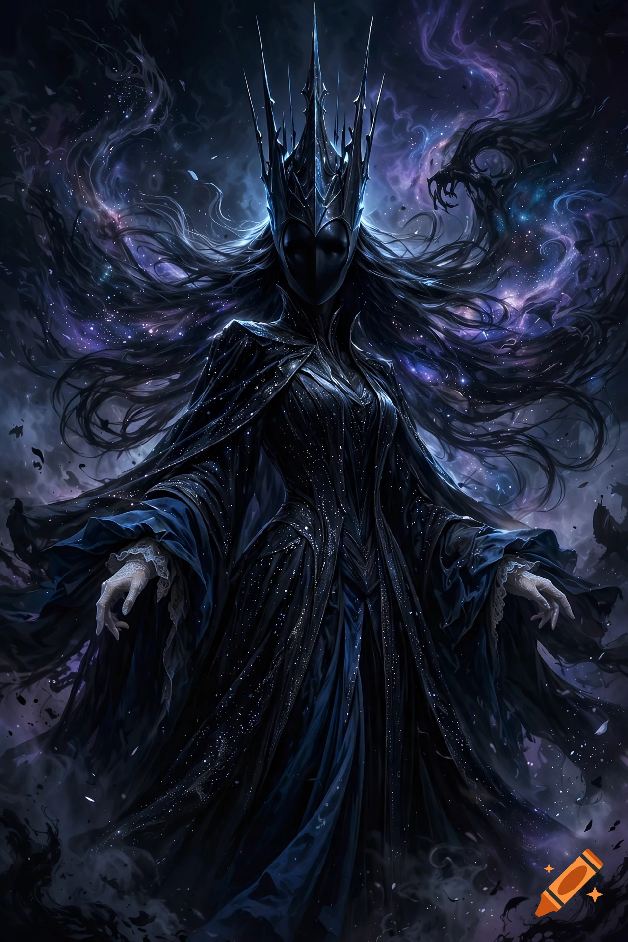Digital painting of a faceless dark queen wearing a spiky crown and galaxy hair, surrounded by cosmic nebulae.