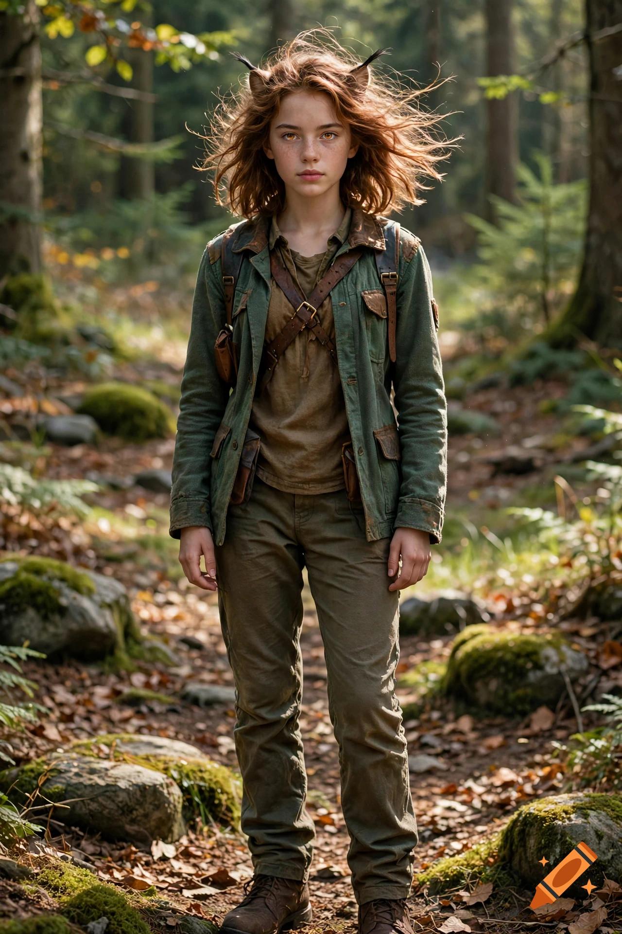 Photorealistic full-body portrait of a teenage girl with lynx ears standing on a forest path.
