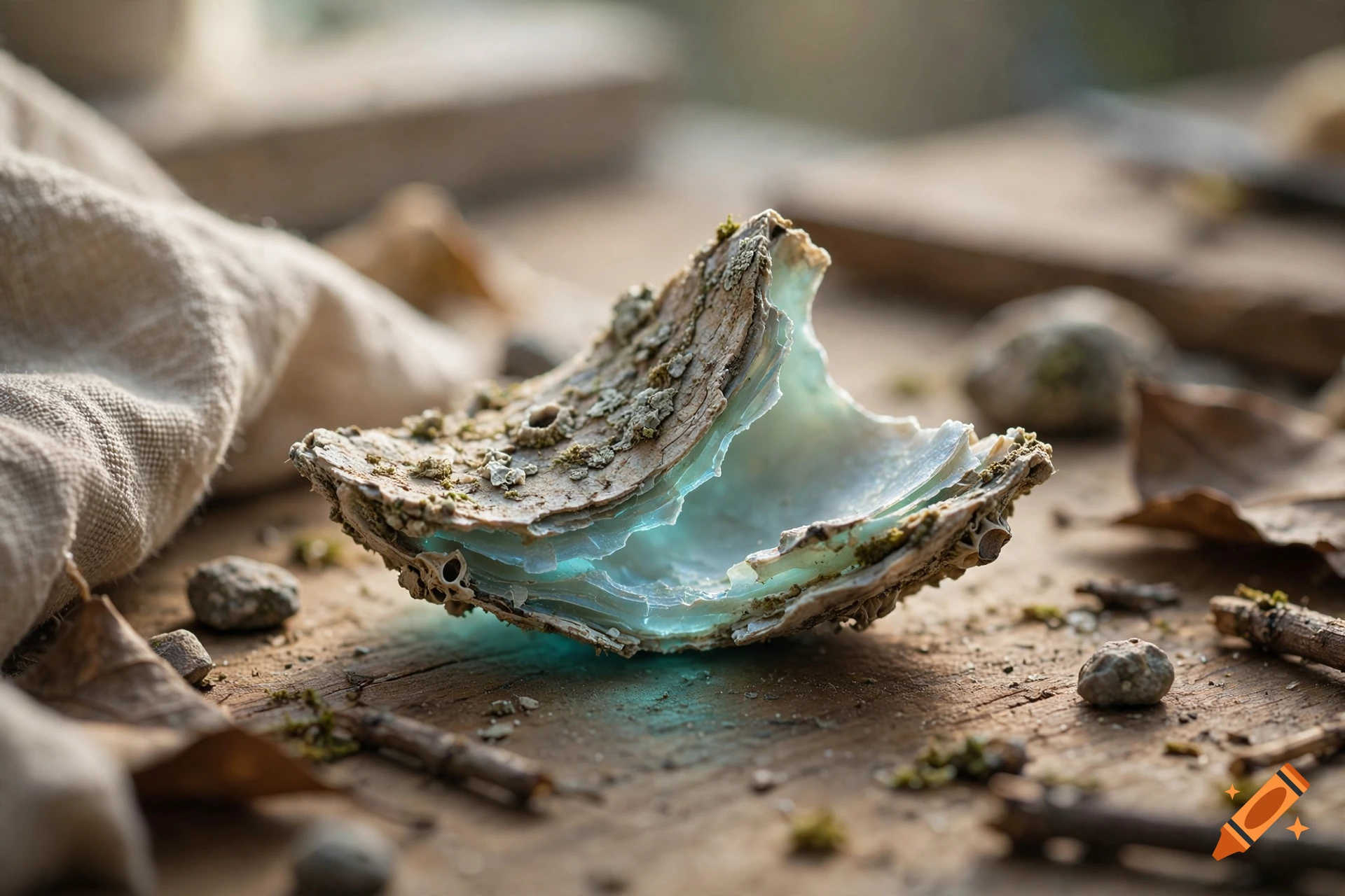Photorealistic close-up of a glowing turquoise fossil shell fragment resting on a rustic wooden table with pebbles and moss.