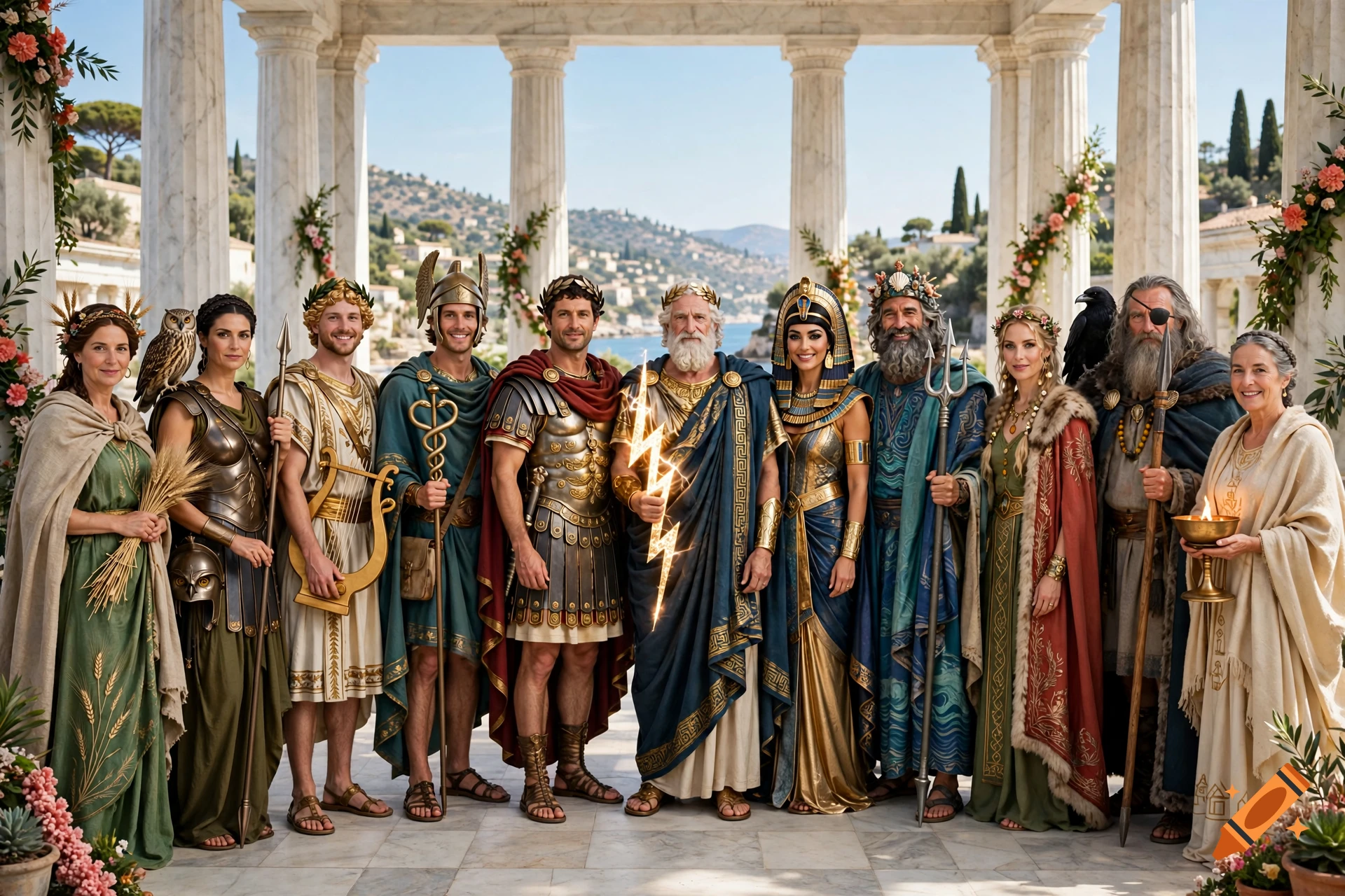 A photorealistic group portrait of historical and mythical figures including Caesar, Cleopatra, and Zeus standing in a row in front of a classical temple with columns.