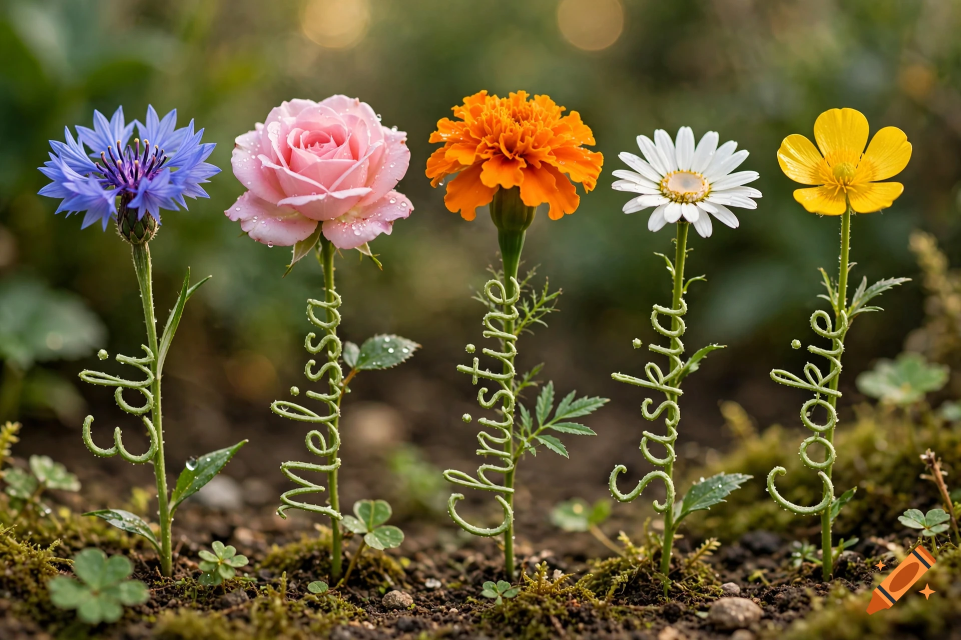 Close-up photorealistic image of five diverse flowers growing in soil, with their green stems twisted to spell out the names Edi, Melissa, Christine, Saskia, and Cookie.