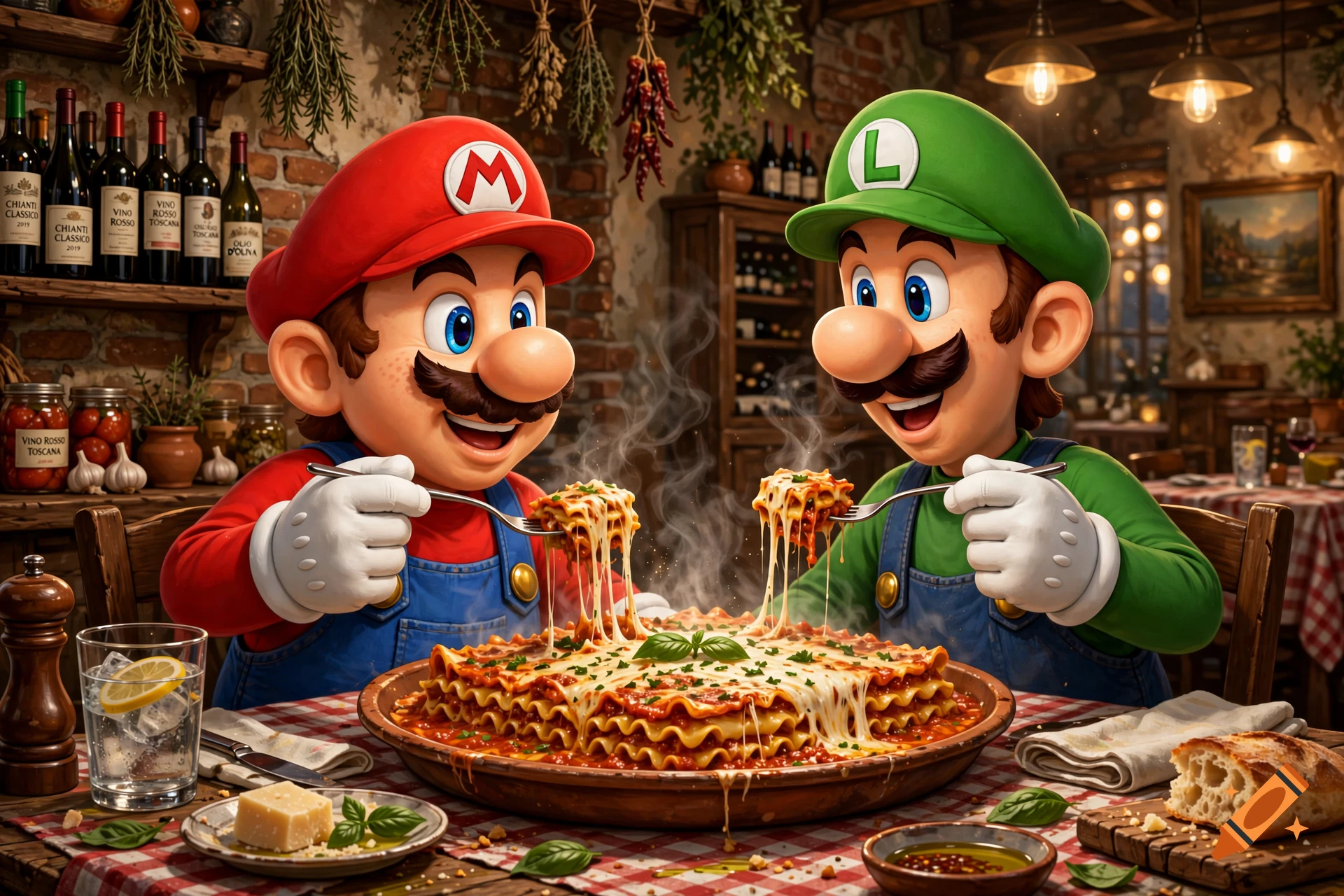 Mario and Luigi sharing a large steaming plate of lasagna in a rustic Italian restaurant.