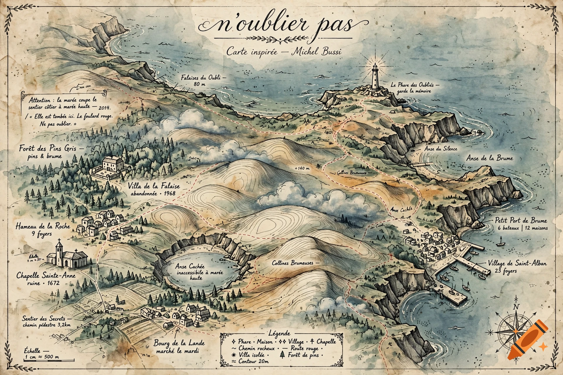 Detailed fantasy map of a coastal region with hand-drawn illustrations, labels, and a vintage parchment texture.
