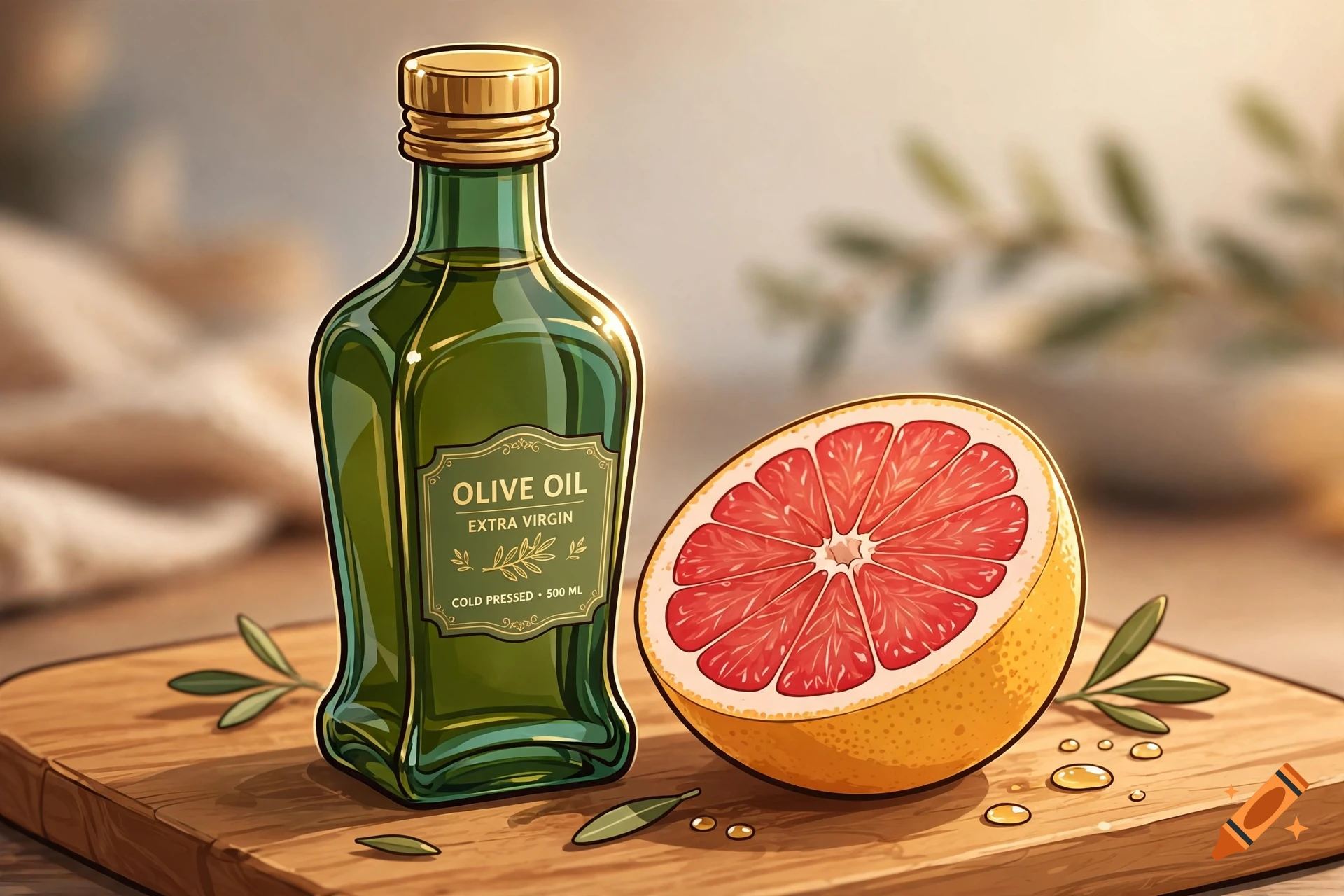 Cartoon illustration of a glass bottle of olive oil and a half slice of grapefruit on a wooden cutting board.