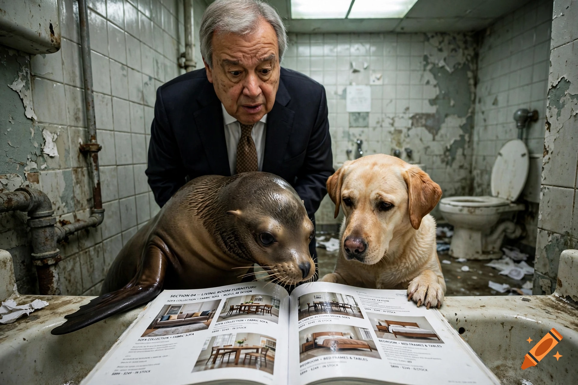 Photorealistic image of Antonio Guterres, a sea lion, and a Labrador retriever looking at a furniture catalogue in a dilapidated, filthy public restroom.