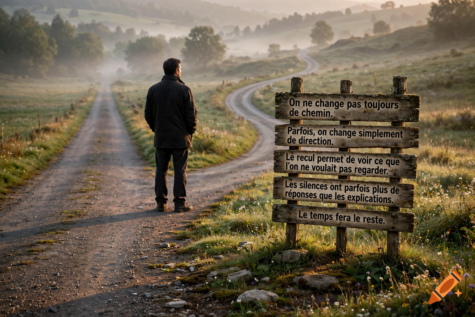A person standing on a rural dirt road at sunrise, looking at a wooden sign with French text.