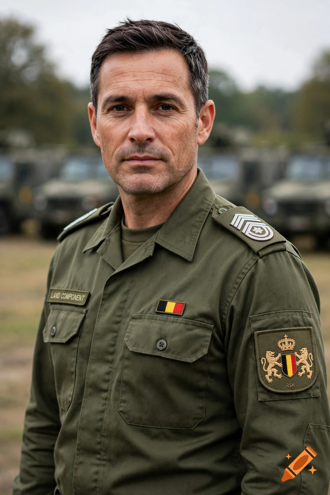 Photorealistic portrait of a middle-aged male Belgian military officer in uniform with insignia.