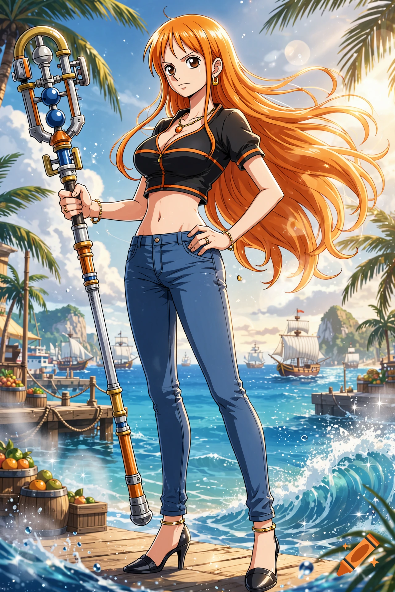 Full-body anime style illustration of Nami with long orange hair holding a Clima-Tact staff on a wooden dock with ships in the background.