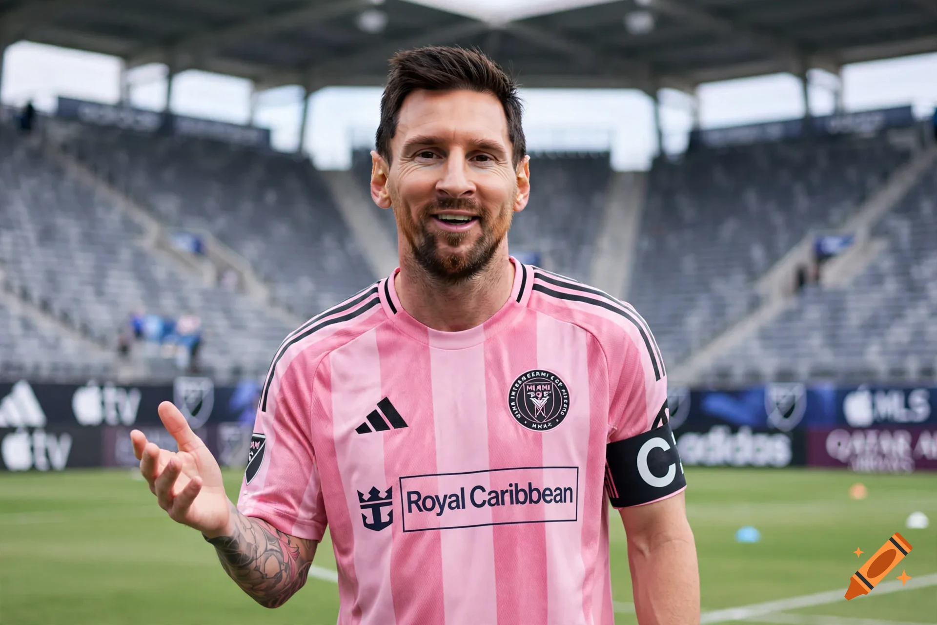 Lionel Messi smiling in a pink Inter Miami jersey with a stadium in the background.
