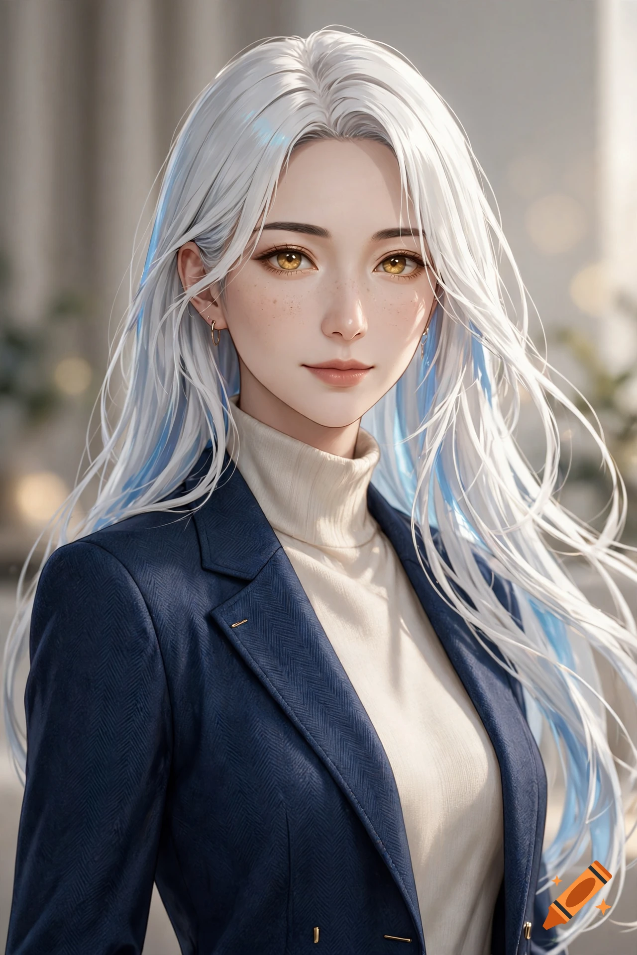 Portrait of an anime-style woman with long white hair, golden eyes, and a blue blazer over a turtleneck.