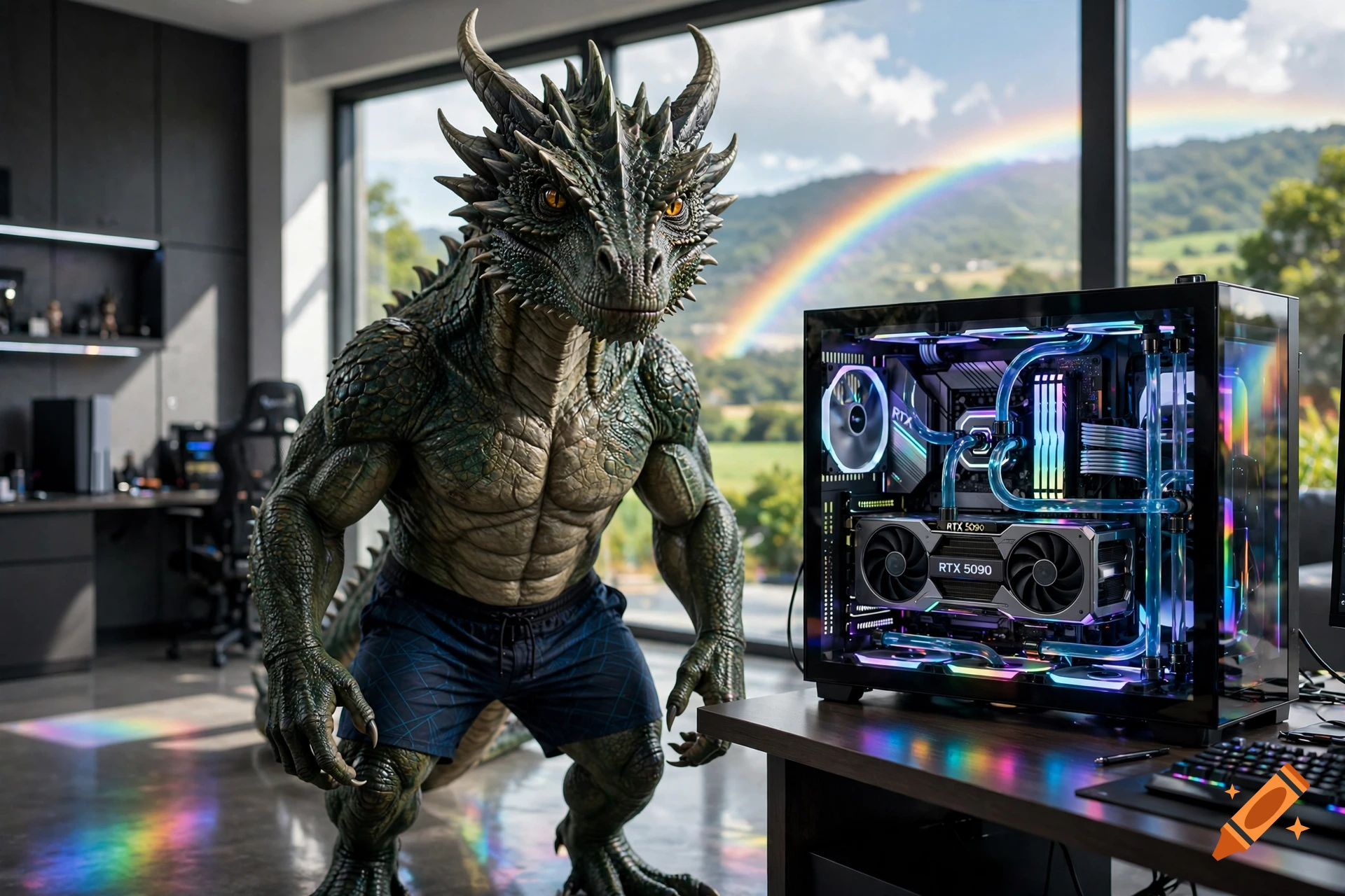 Photorealistic image of a muscular green dragon wearing blue swim trunks, standing in a modern room next to a gaming PC with RTX 5090 graphics card, with a rainbow outside the window.