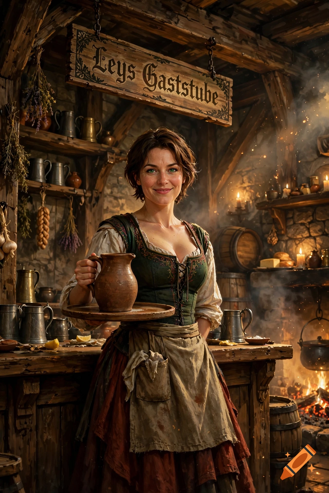 Photorealistic portrait of a smiling female innkeeper in medieval attire holding a clay pitcher in a rustic tavern.