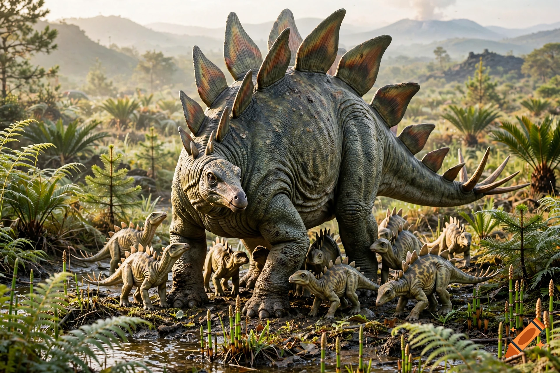 Photorealistic image of a large Stegosaurus with many baby stegosaurs in a lush prehistoric wetland with mountains in the background.