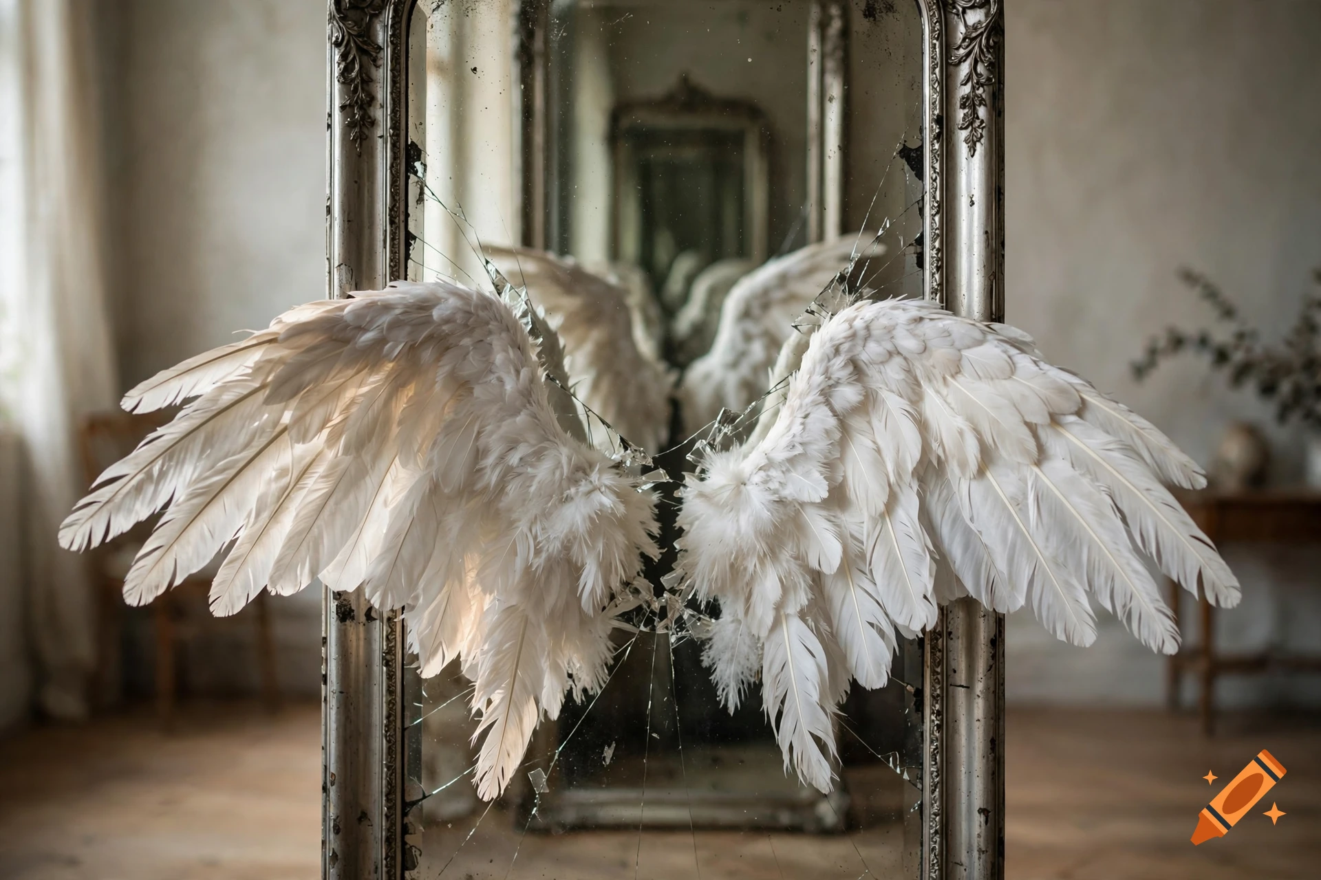 Large white feathered angel wings emerging through a cracked antique silver mirror in a vintage room.