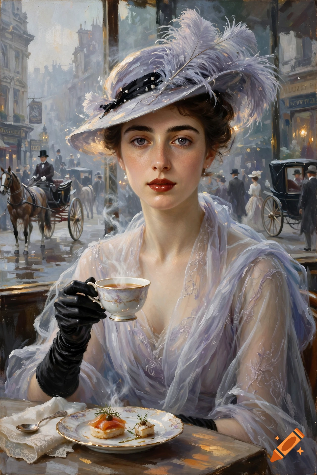 Oil painting portrait of a young woman in a feathered hat and gloves, holding a teacup at a London cafe.