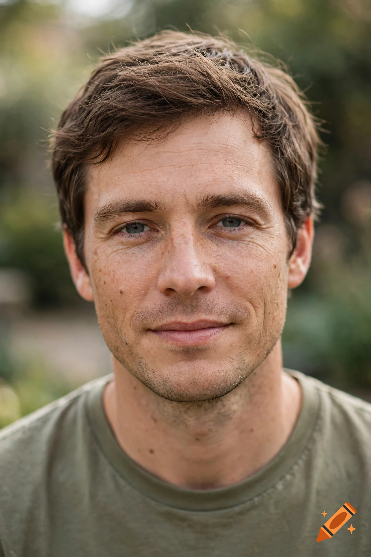 Close-up photorealistic portrait of a man with brown hair and freckles looking at the camera.