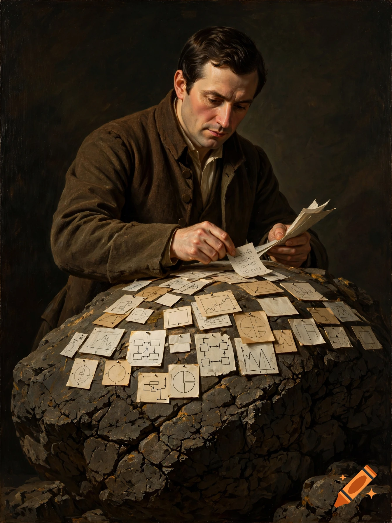 Classical oil painting of a man methodically pinning charts and diagrams onto a massive cracked stone, dark chiaroscuro lighting.
