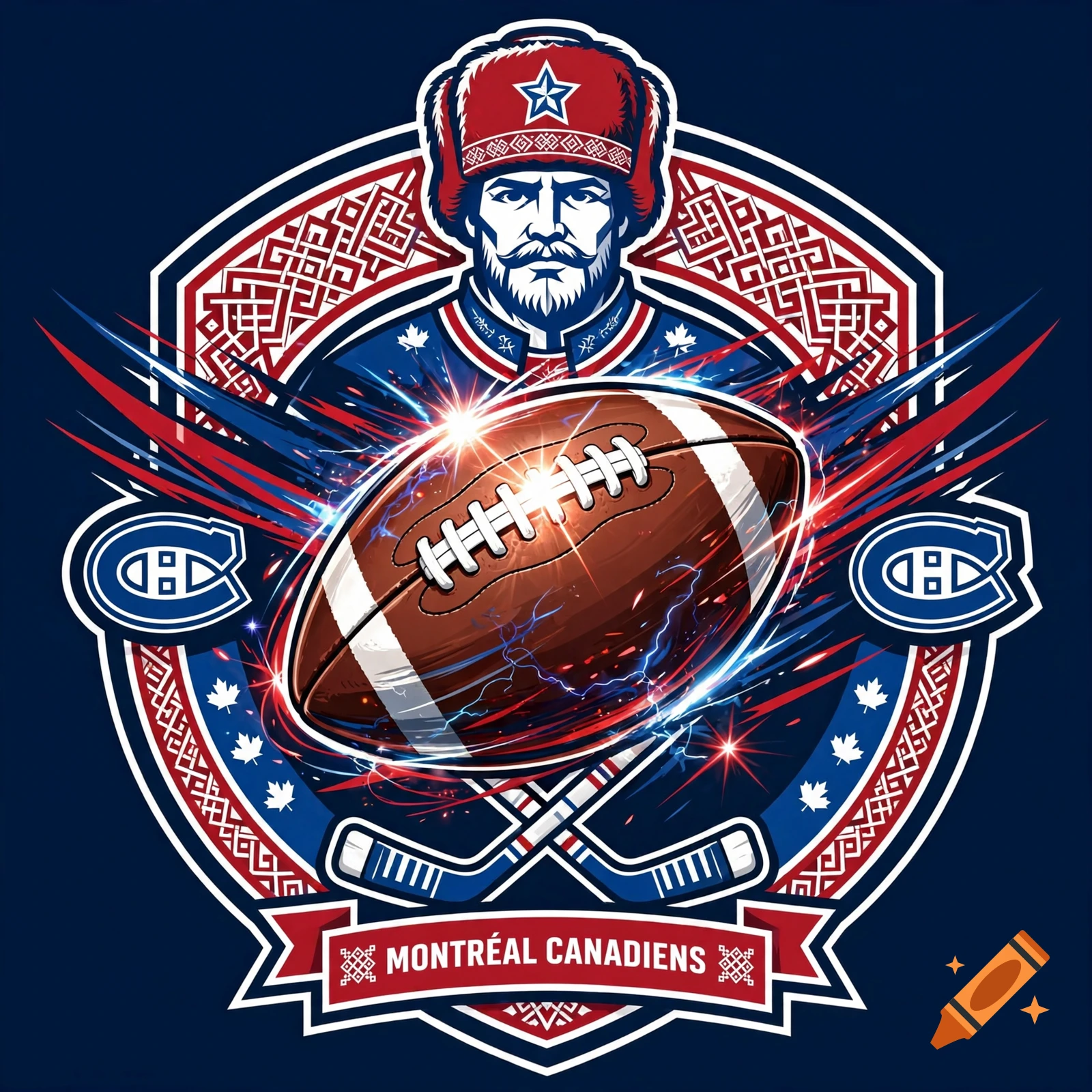 Stylized sports logo featuring a Russian character in a ushanka hat, a central American football, and hockey sticks, with Montreal Canadiens text.