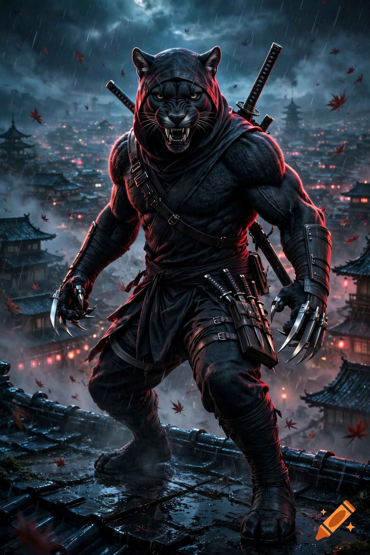 A muscular black puma ninja with steel claws stands on a rooftop during a rainy night with traditional Japanese buildings in the background.