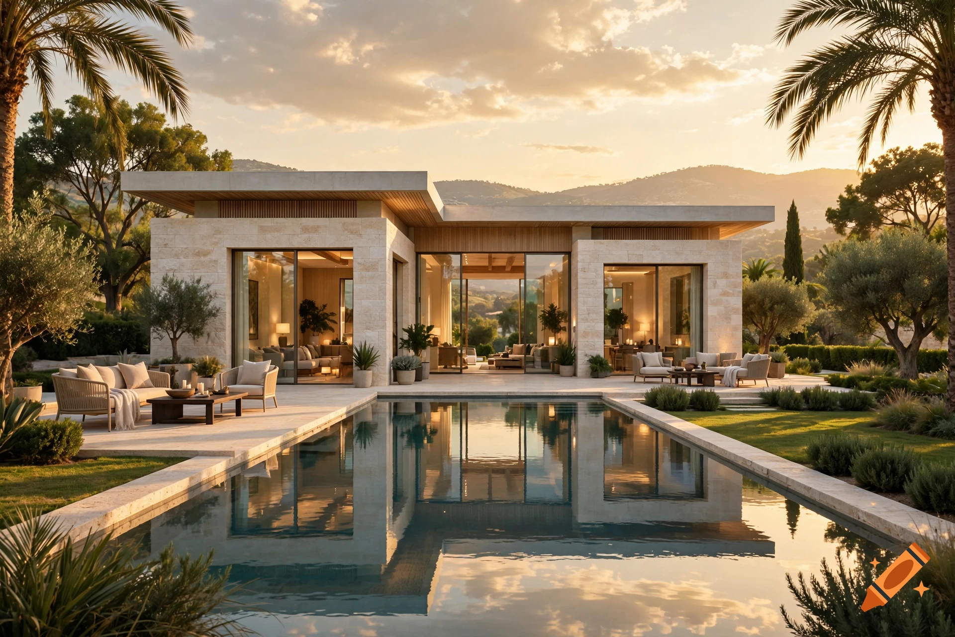 Photorealistic image of a modern luxury villa with a swimming pool at sunset, surrounded by palm trees and mountains.