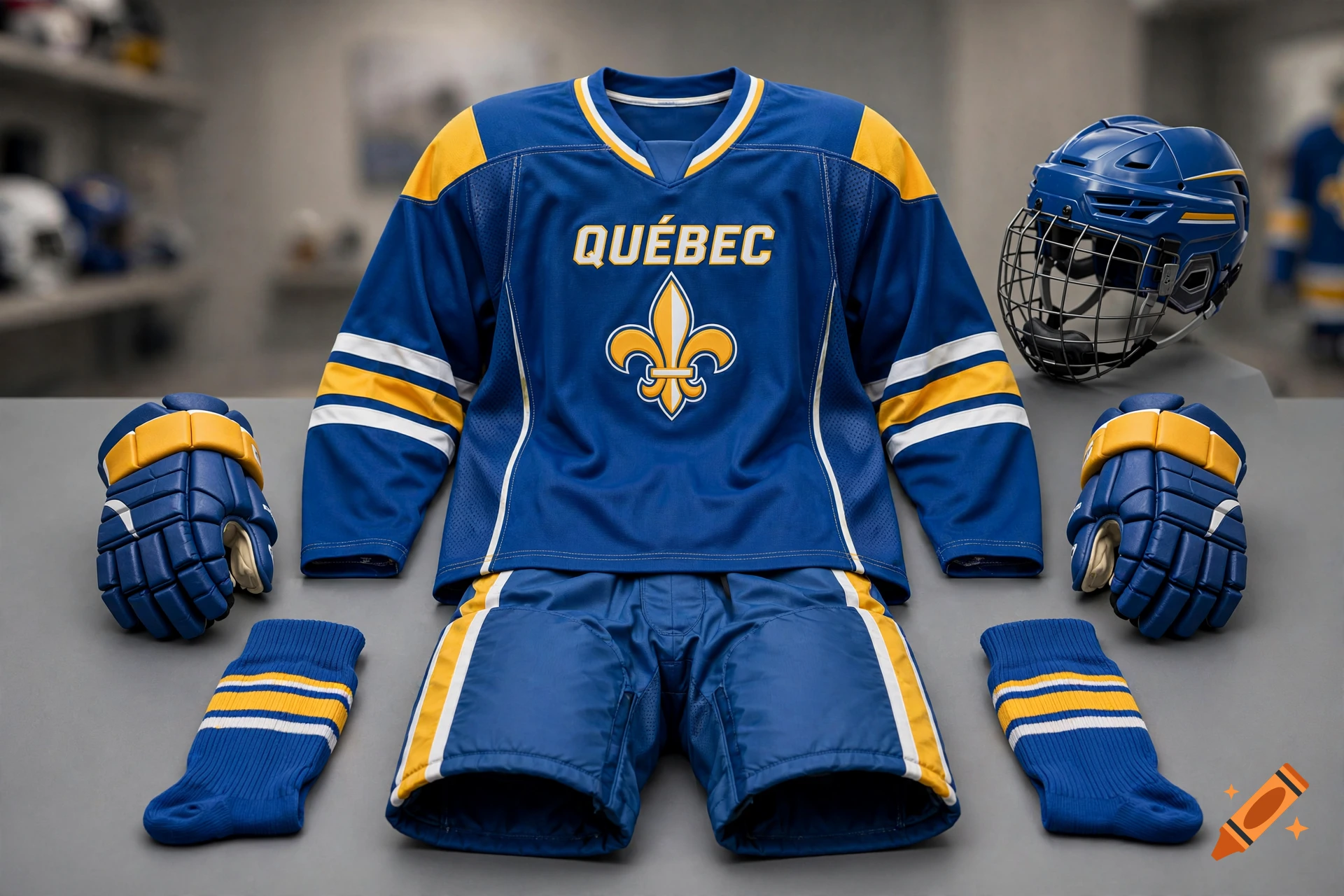Photorealistic flat lay of a blue and yellow Quebec hockey jersey, helmet, gloves, pants, and socks on a grey surface.