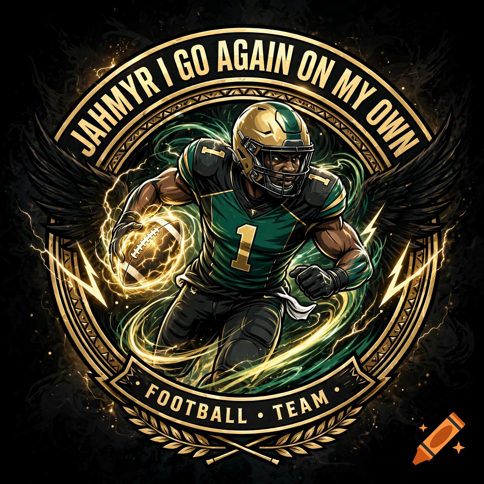 Fantasy football logo featuring an athletic player in green and gold uniform running with a glowing football, framed by ornate circular design.