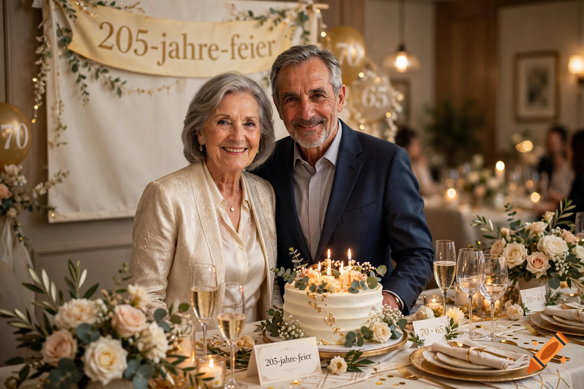 Photorealistic portrait of an elderly couple celebrating an anniversary with a decorated cake and guests in the background.
