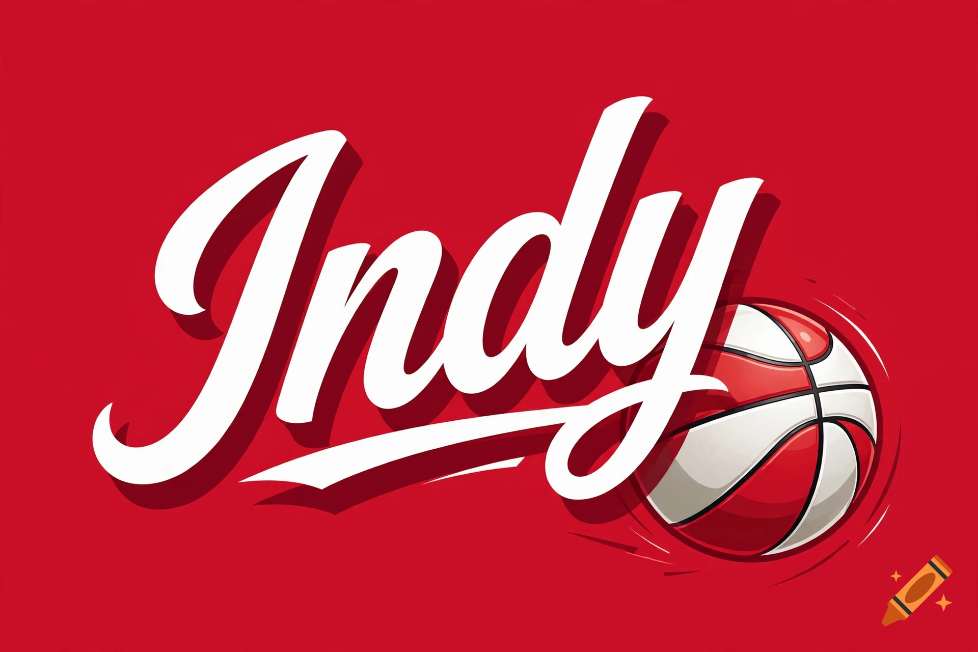 Cursive white text reading Indy over a red background with a partial basketball graphic in the corner.