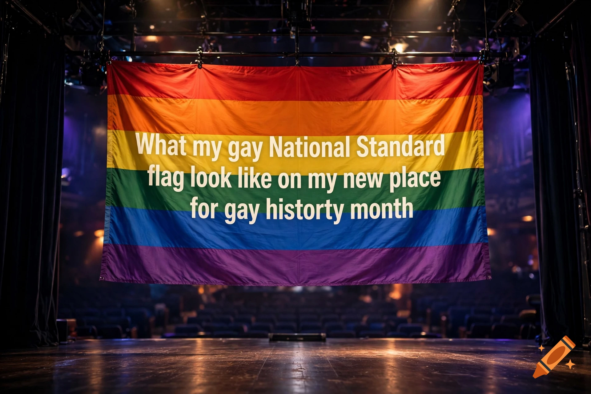 A rainbow pride flag hanging on a stage under theater lights with text on it.