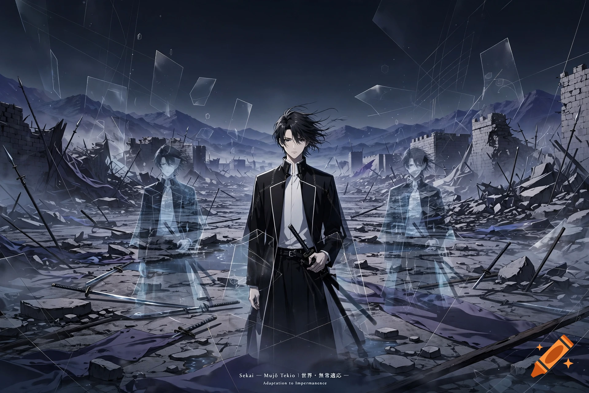 Anime style illustration of a dark-haired swordsman standing on a ruined battlefield with transparent ghostly duplicates and geometric distortions.