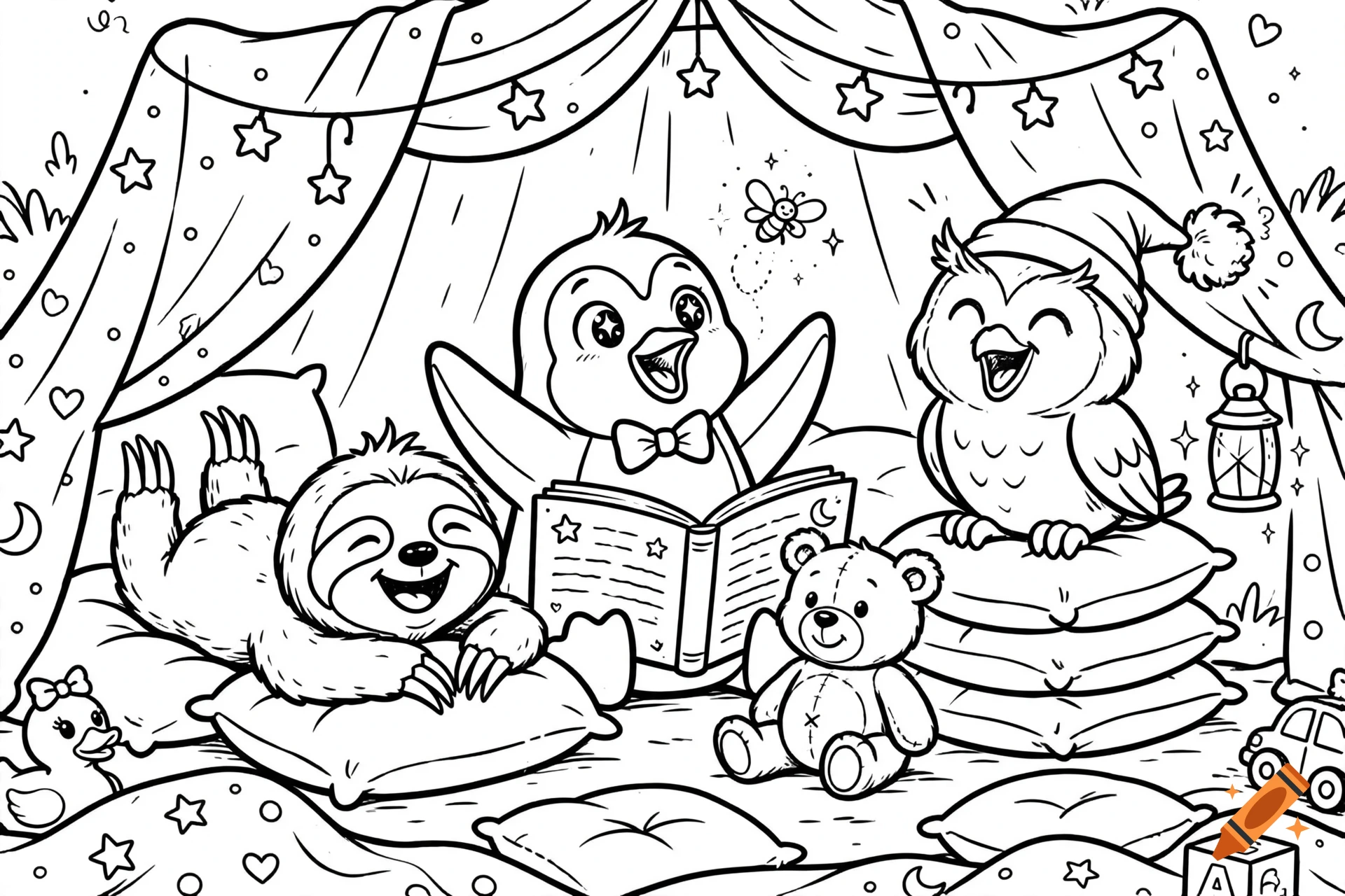 Black and white coloring page of a sloth, penguin, and owl in a pillow fort reading a storybook.