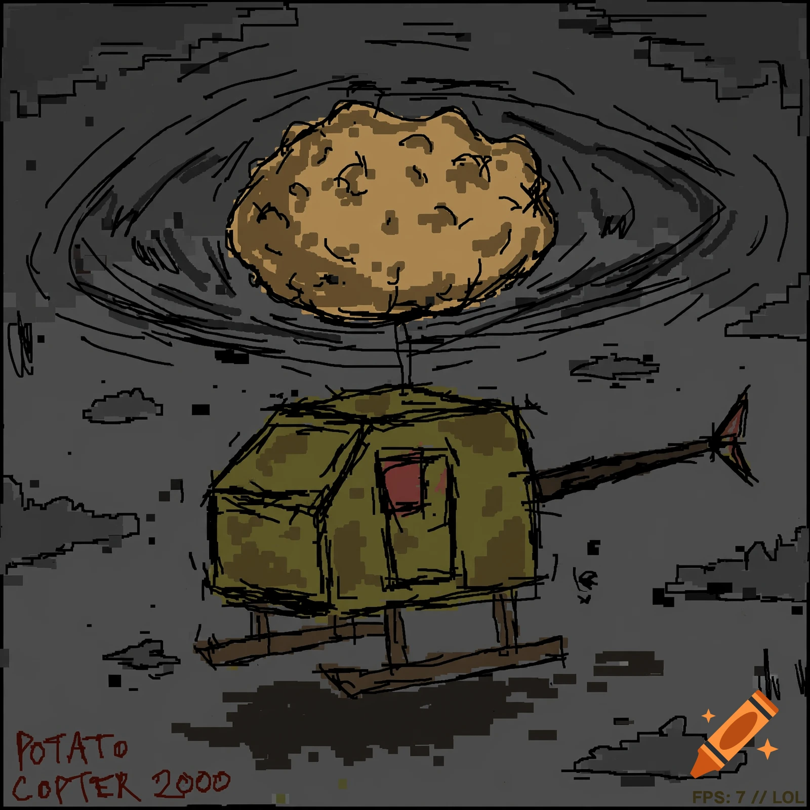 Low-quality MS Paint style drawing of a green helicopter with a giant spinning potato for rotor blades, under a dark cloudy sky.