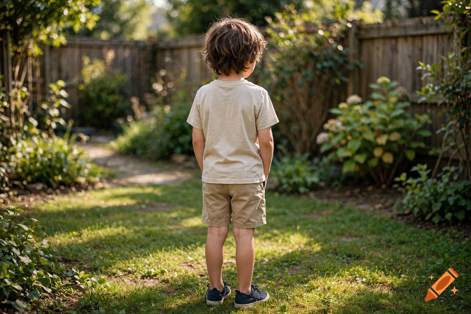 Photorealistic rear view of a young boy with curly hair standing in a sunny backyard with a wooden fence and greenery.